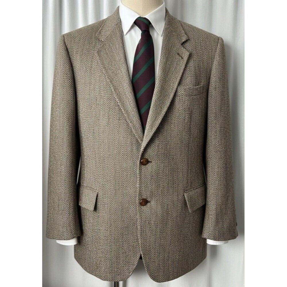 VTG Kuppenheimer Mens 46L HARRIS TWEED Blazer Brown Herringbone Leather Academia